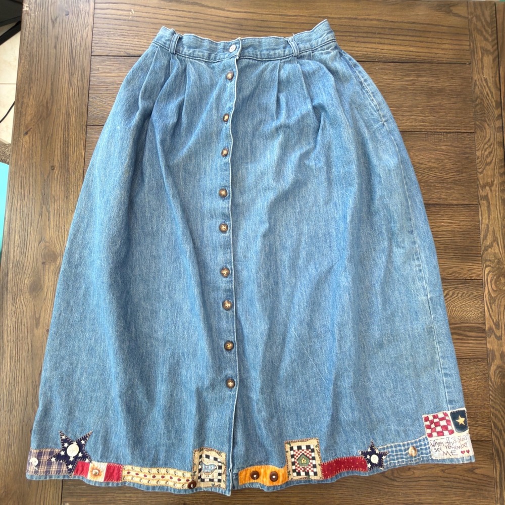 Vintage Patchwork Denim Midi Skirt Button Front Americana Folk Art Made in USA